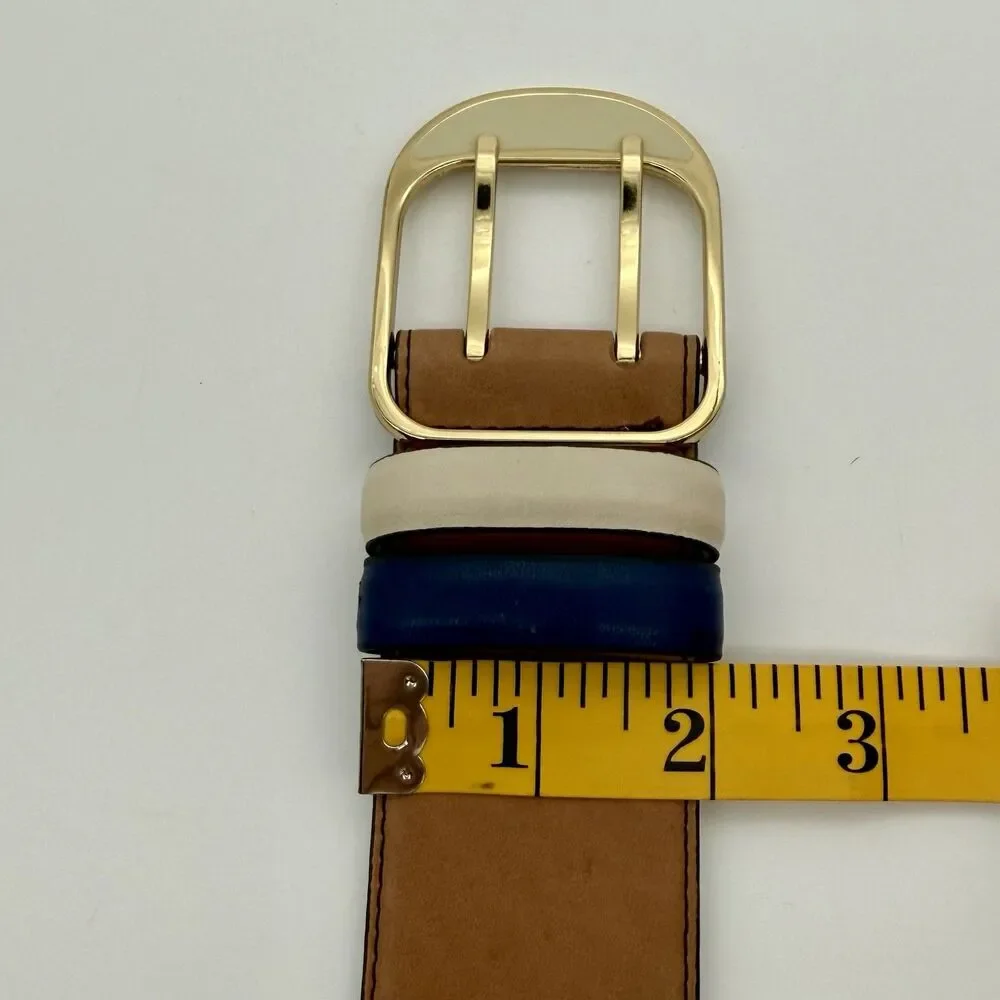 ANN TAYLOR Belt Women's S Brown Leather Blue Cream Double Gold Tone Buckle READ